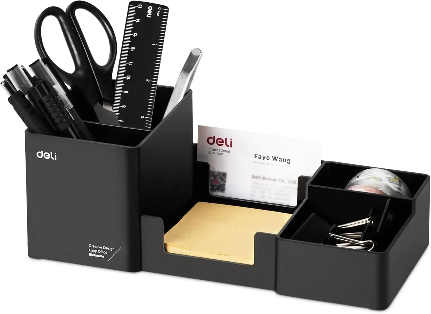 Organizer da scrivania in plastica con portapenne e vassoio per foglietti adesivi, contenitore per forniture da ufficio, 6 scomparti, nero