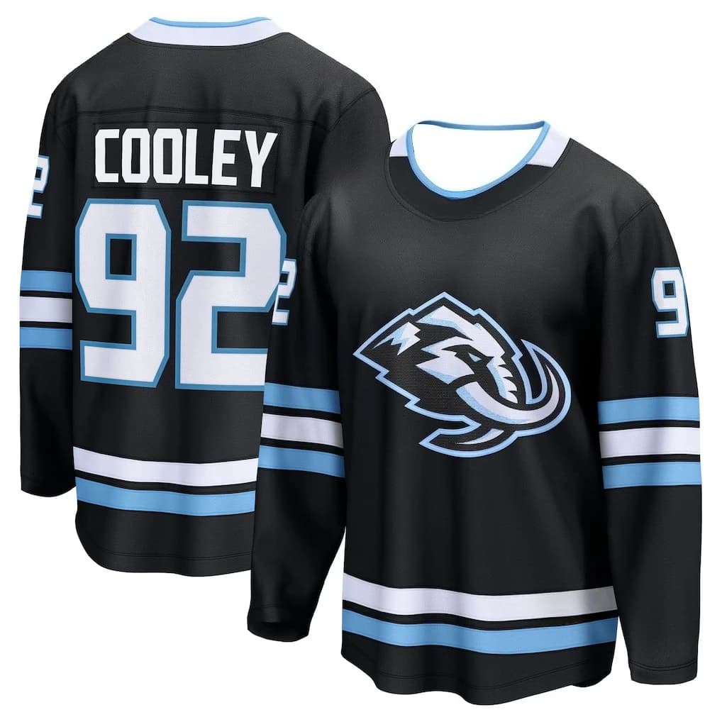 Maglia da hockey - Nera con accenti azzurri/bianchi "Cooley 92" Mammoth Logo Maglia sportiva Stampe 3D HD