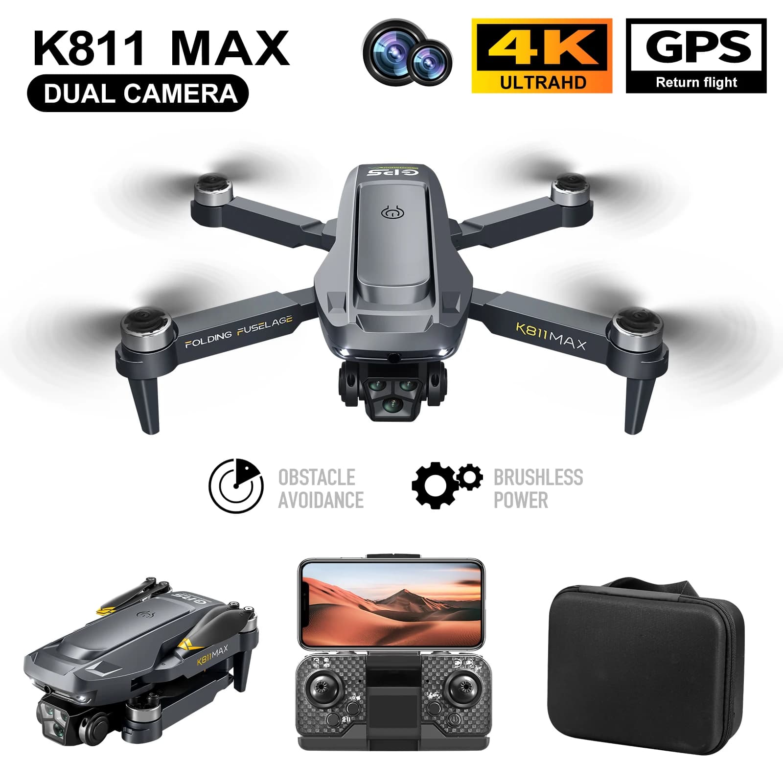 K811 Max Drone 5G Professional 4K HD Air Photography Double Omnidirectional Camera for Avoiding Drone Obstacles with Screen Toy Gif