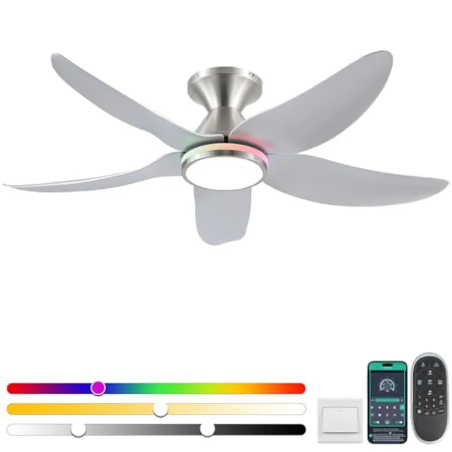 Ventilatori da Soffitto con Luci e Controllo Remoto/APP, Ventilatori a Basso Profilo con Colori Dimmerabili e Luci ad Anello, 6 Velocità 5 Pale Reversibili