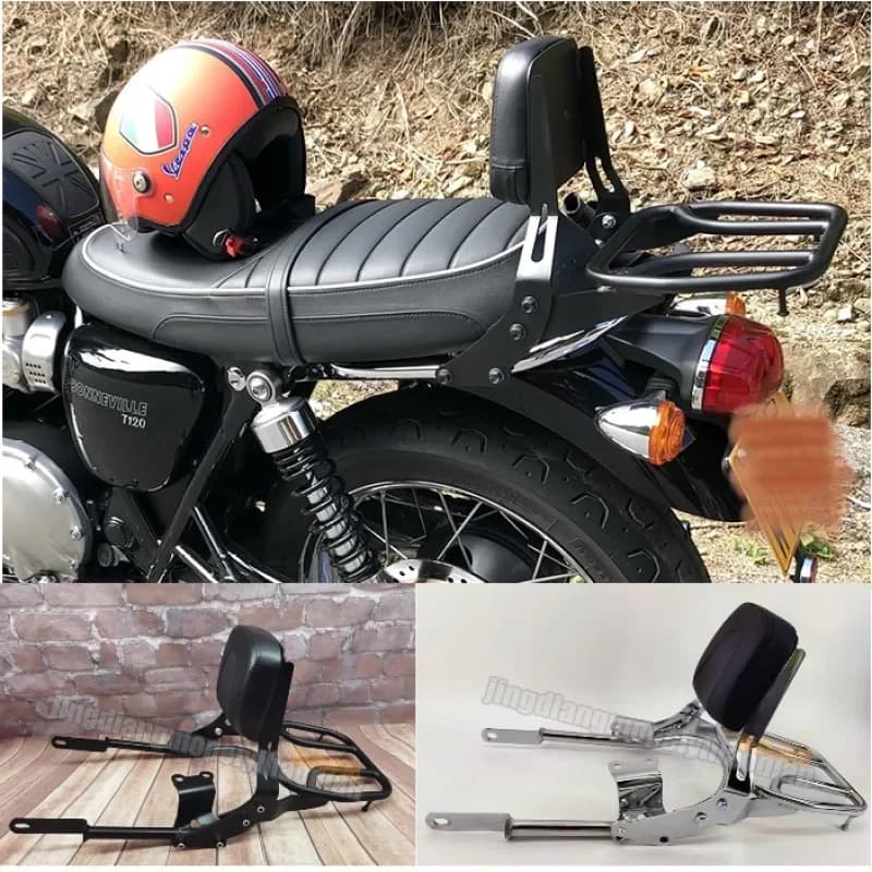 Schienale Posteriore Sissy Bar con Portapacchi per Triumph Bonneville T100 T120 2016-2026 Nero Cromato