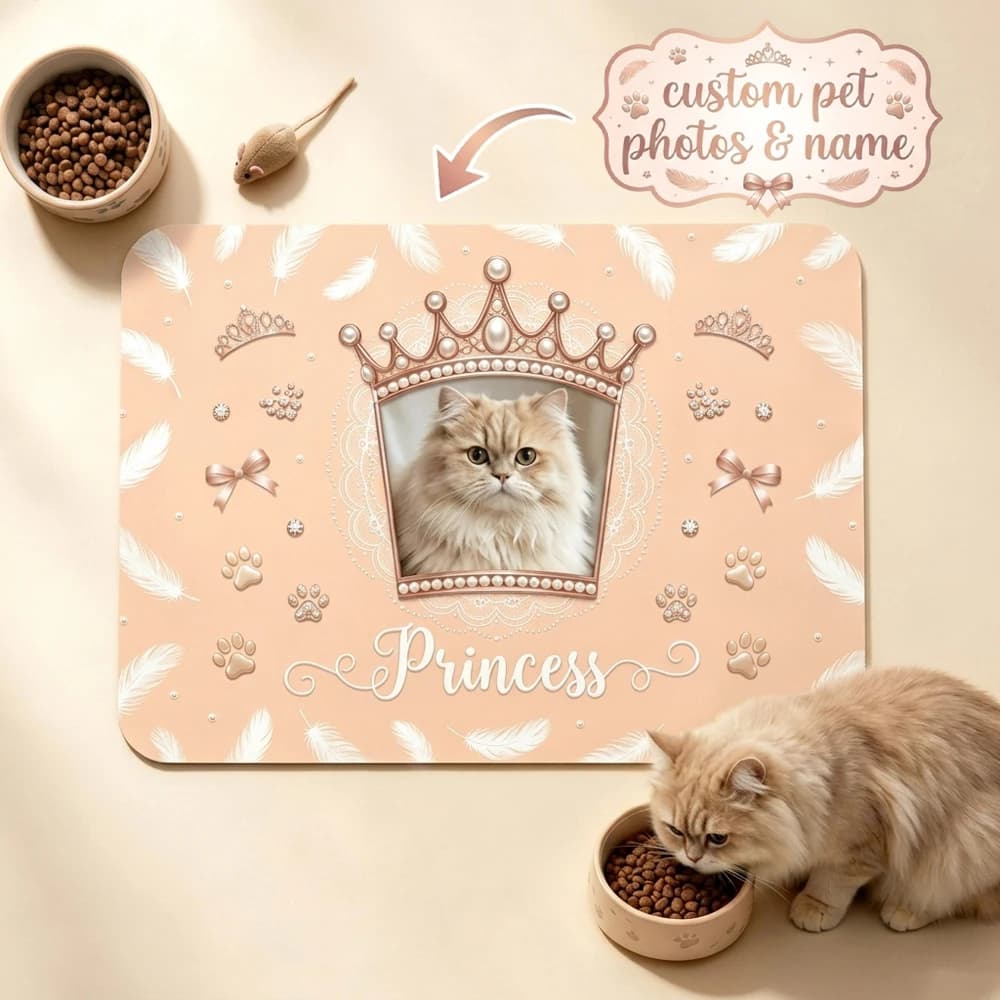 Personalized Custom Pet Photo Name Food Mat, Gift For Pet Lovers,Pet Dish Tray Mat,Kitchen Flooring,Home Pet Meal Station