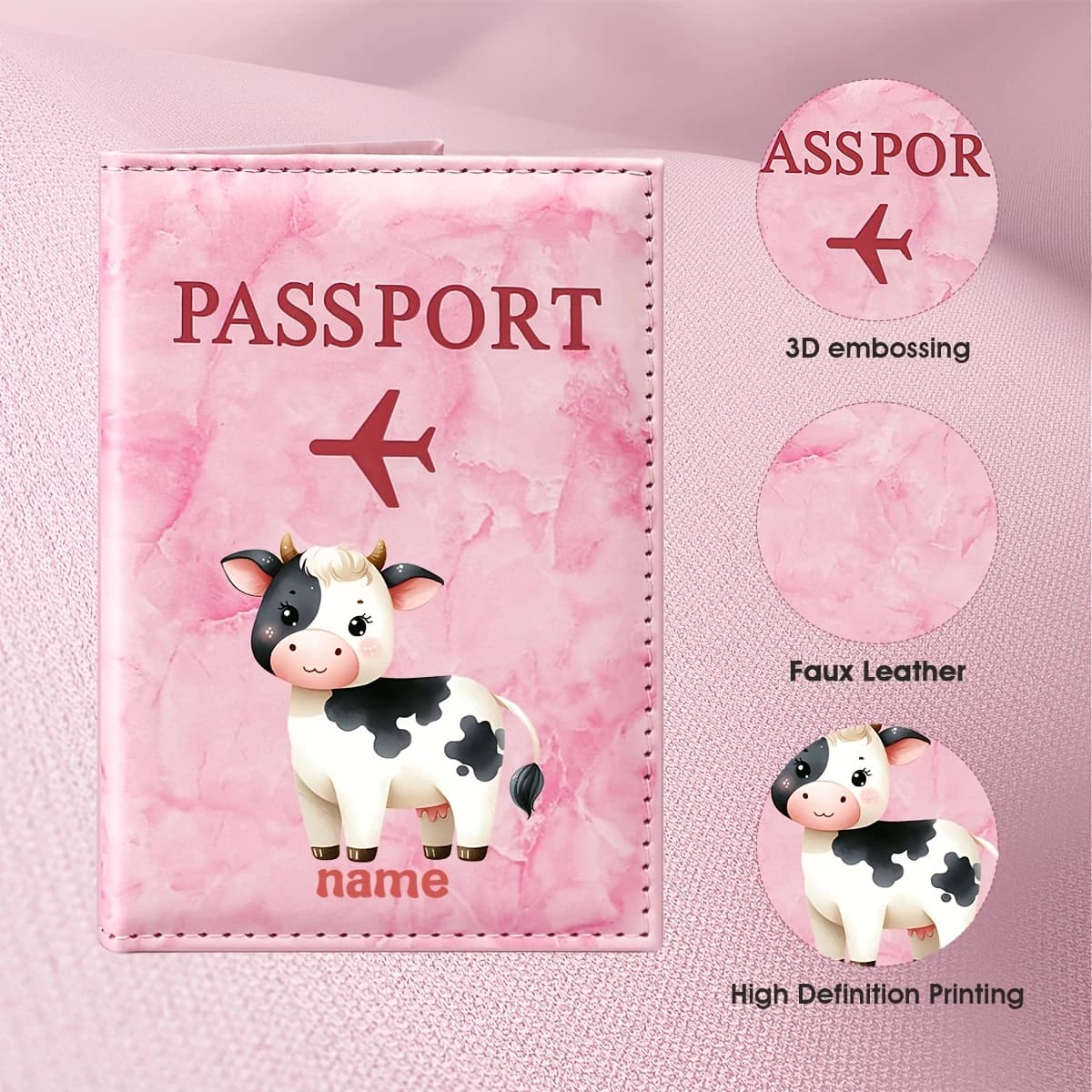 Custom Name Cute Cow Illustration Design PU Passport Holder, Featuring a Black and White Spotted Cow Cartoon Image Paired