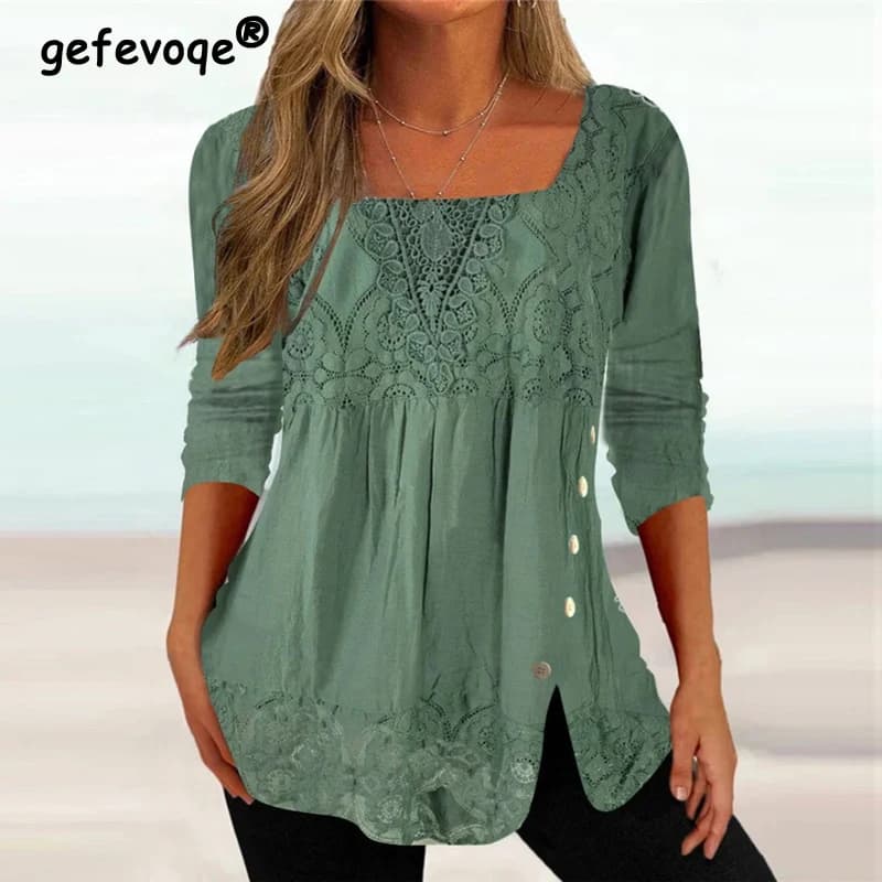 Camicette eleganti Vintage Patchwork di pizzo da donna camicette a maniche lunghe con colletto quadrato di moda estiva Streetwear top a tunica allentata