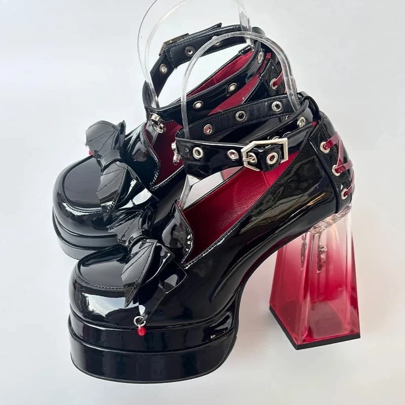 Japanese Original Lolita Spice Girl Sweet Bow High Heels Round Head Thick Heel Rivets Word with Waterproof Table Leather Shoes
