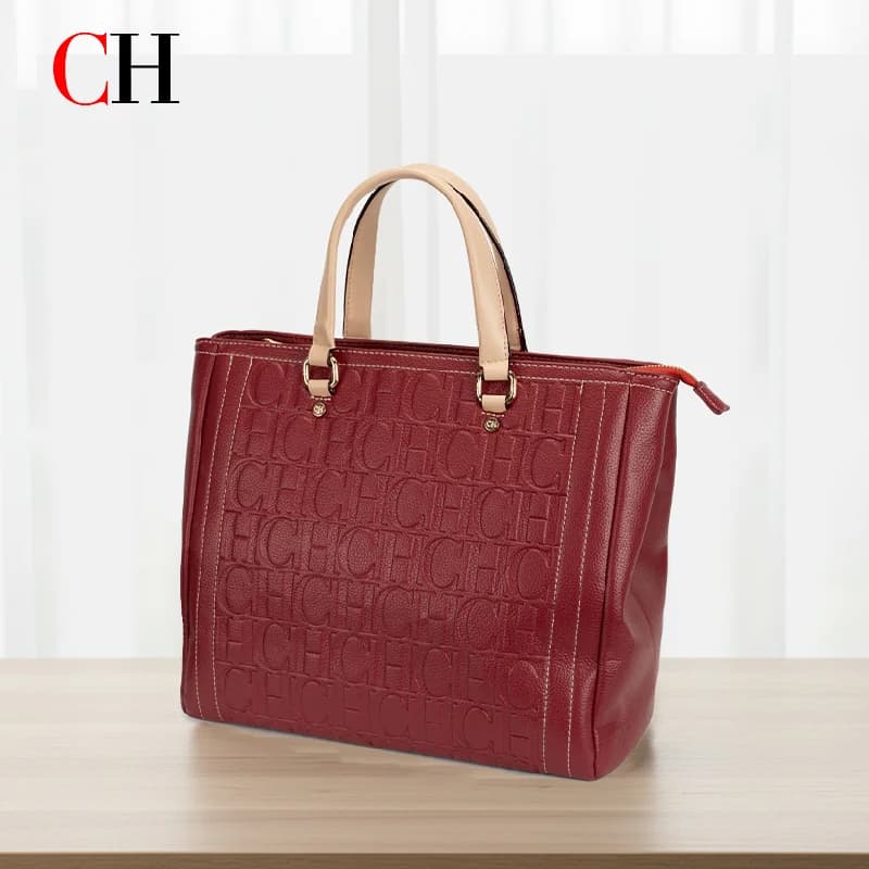 Borsa Tote Leggera da Donna CH con Stampa a Lettere in Rilievo, Manico a Contrasto, Chiusura con Cerniera, per Lavoro, Vacanze, Shopping e Pendolarismo