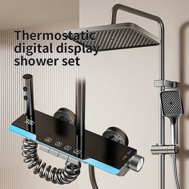 Set doccia digitale fredda e calda con luce d'atmosfera, set doccia a quattro funzioni a pressione per bagno e WC