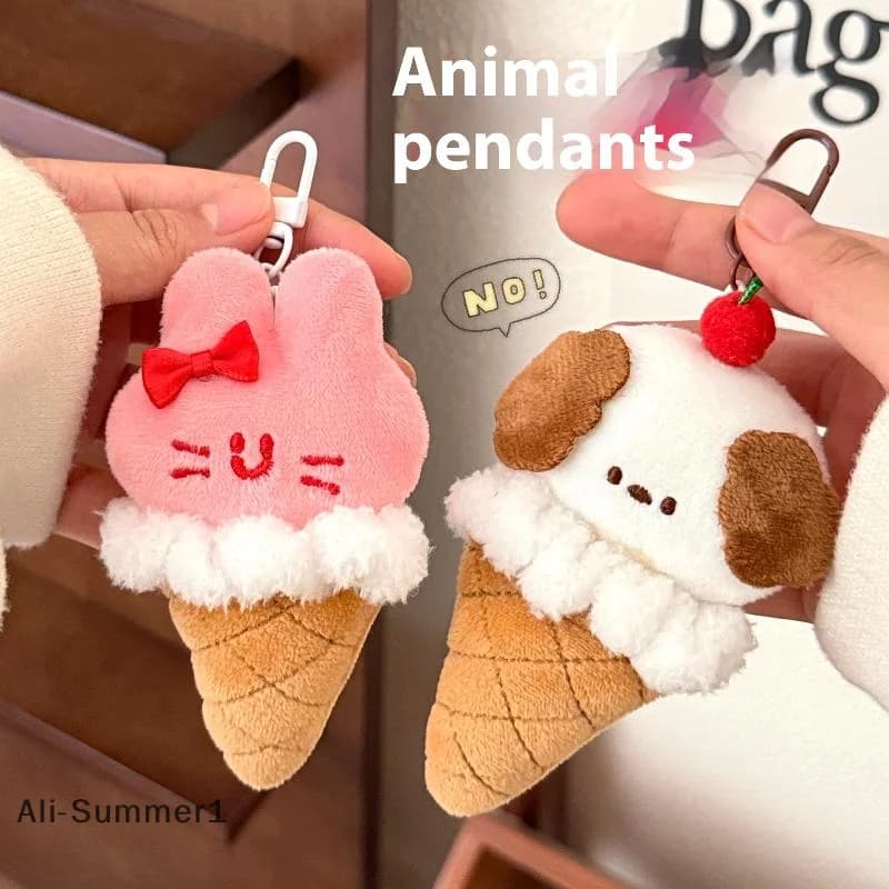 Simpatico cartone animato gelato animale portachiavi in peluche cane kawaii coniglio orso bambola di pezza ciondolo giocattolo portachiavi zaino decorazione regali