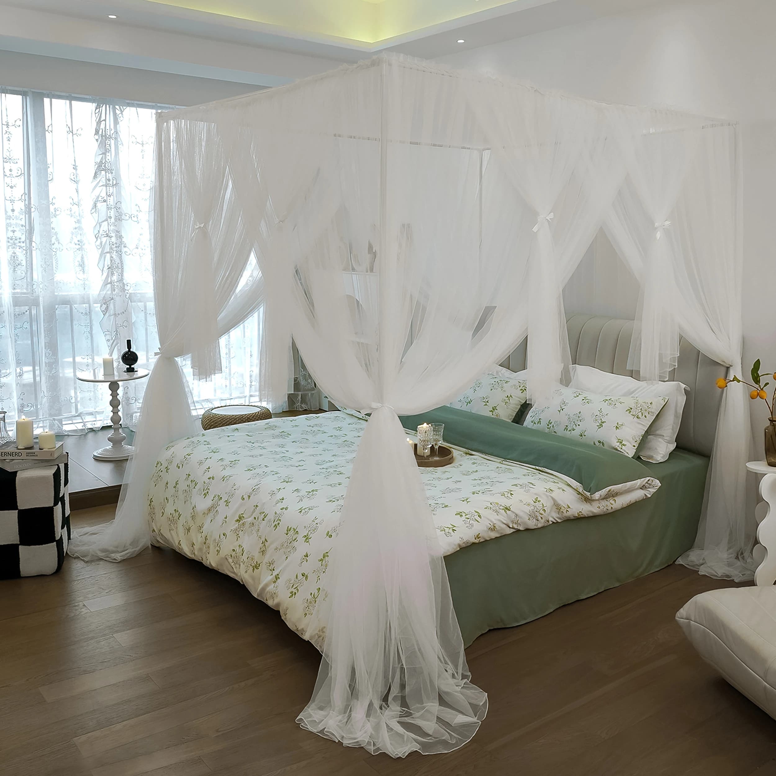 Baldacchino per letto per letto matrimoniale Queen King Baldacchino a quattro angoli Tende eleganti zanzariera per ragazze Tenda a baldacchino con rete per schermo