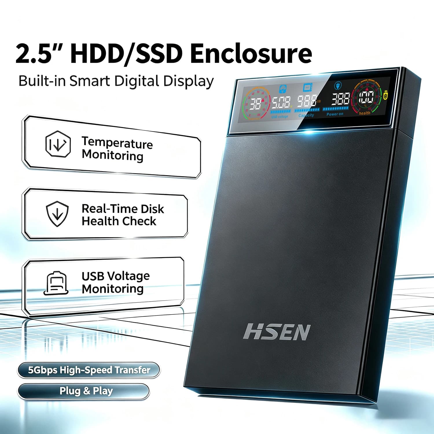 HSEN 2.5 Inch SATA Hard Drive Enclosure USB 3.2 Gen1 5Gbps, Real-Time S.M.A.R.T Health Monitoring Portable External SSD HDD Case