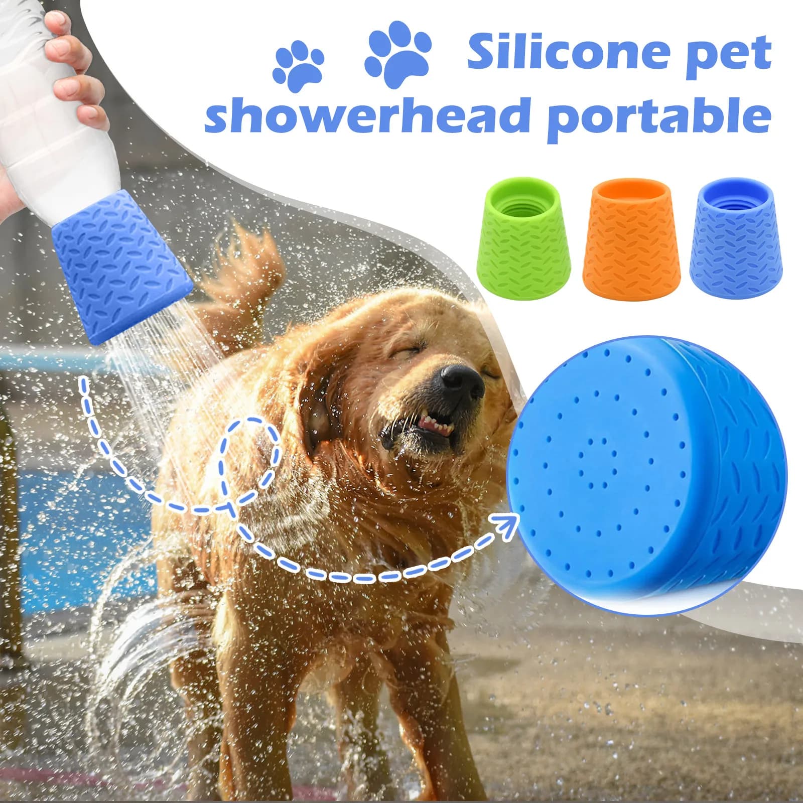 Soffione doccia portatile in silicone per animali domestici, spruzzatore d'acqua per doccia estiva per cani all'aperto, adatto alla maggior parte delle bottiglie d'acqua o bottiglie di plastica da 16 once a 2 litri