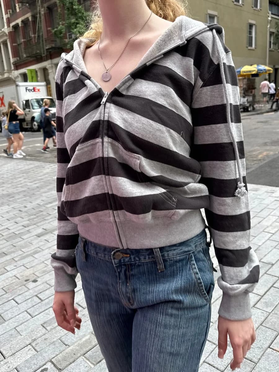 Stripes Vintage Zip-up felpa con cappuccio donna coulisse con cappuccio manica lunga cappotto di cotone Casual stile Preppy dolce carino felpe con cappuccio Top vestiti