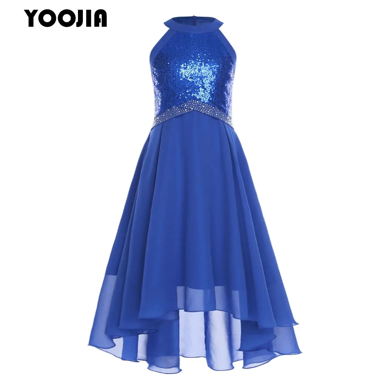 Abito da sera per ragazze di fiore con paillettes per bambini, gonna in chiffon con vita con strass, senza maniche, per ballo di fine anno formale