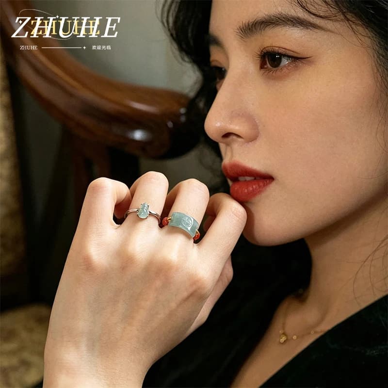 Men Women Engraved Gemstone Ring Jewelry Accessories, Copper Alloy Light Green Jade Style Finger Ring, Adjustable Vintage Jewelr