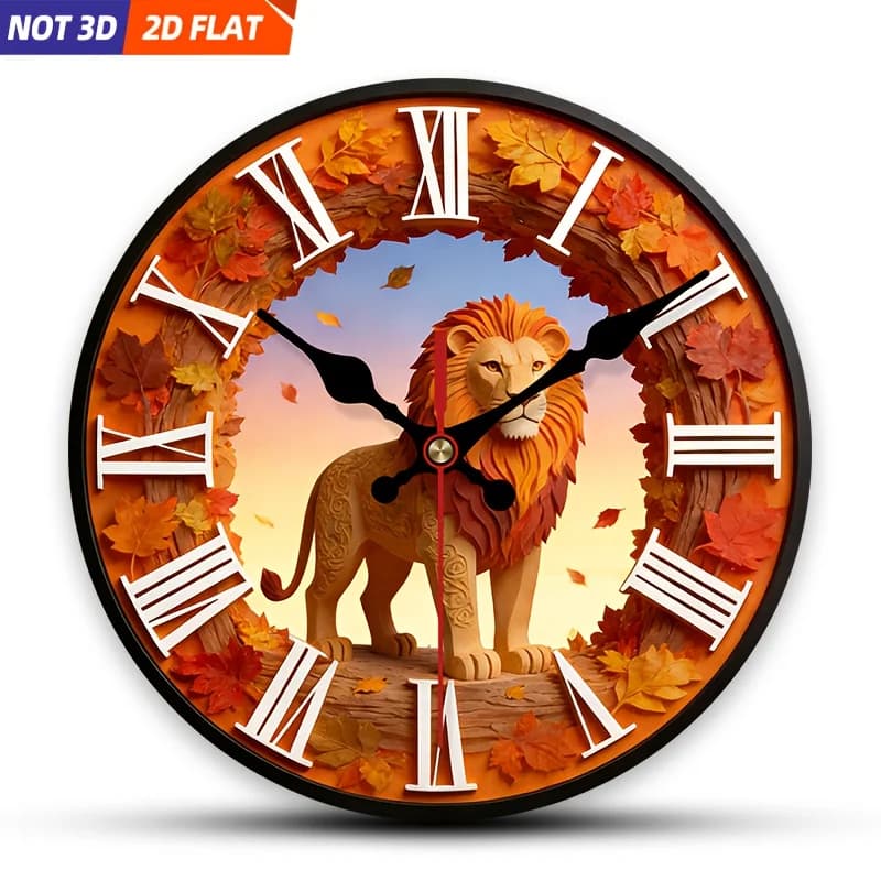 2D Piatto. 1 pezzo. Orologio da parete con leone e foglie autunnali, orologio decorativo silenzioso, design creativo per camera da letto, soggiorno
