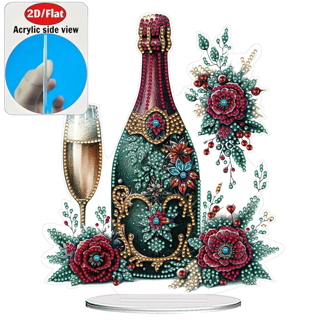 Set di Ornamenti da Tavolo 2D / Piatti in Acrilico a Forma di Bottiglia di Champagne con Pittura Diamantata, Decorazione Murale Lucida, Regalo per le Feste