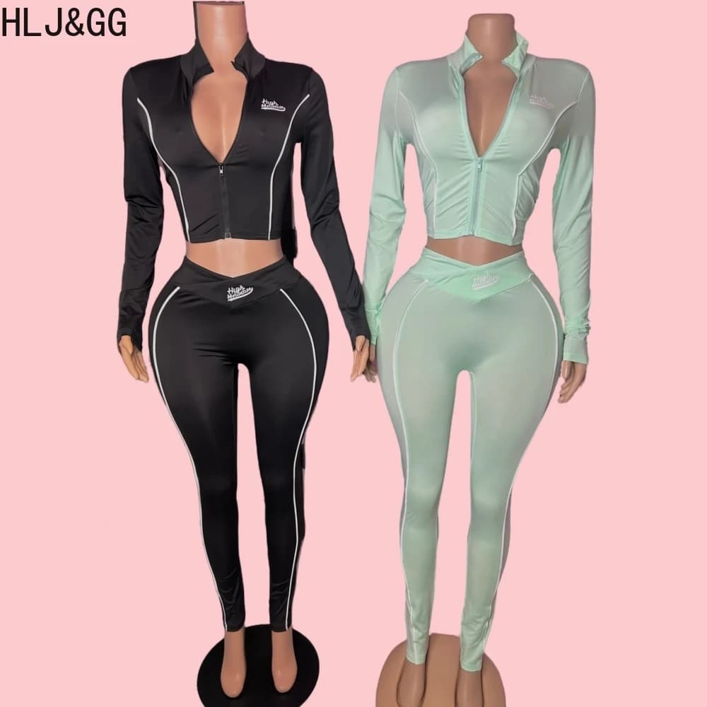 HLJ&GG Lettera di moda Sportiva Set da due pezzi Donna Cerniera Manica lunga Slim Top + Pantaloni legging Abiti Primavera Nuovo 2 pezzi Tute
