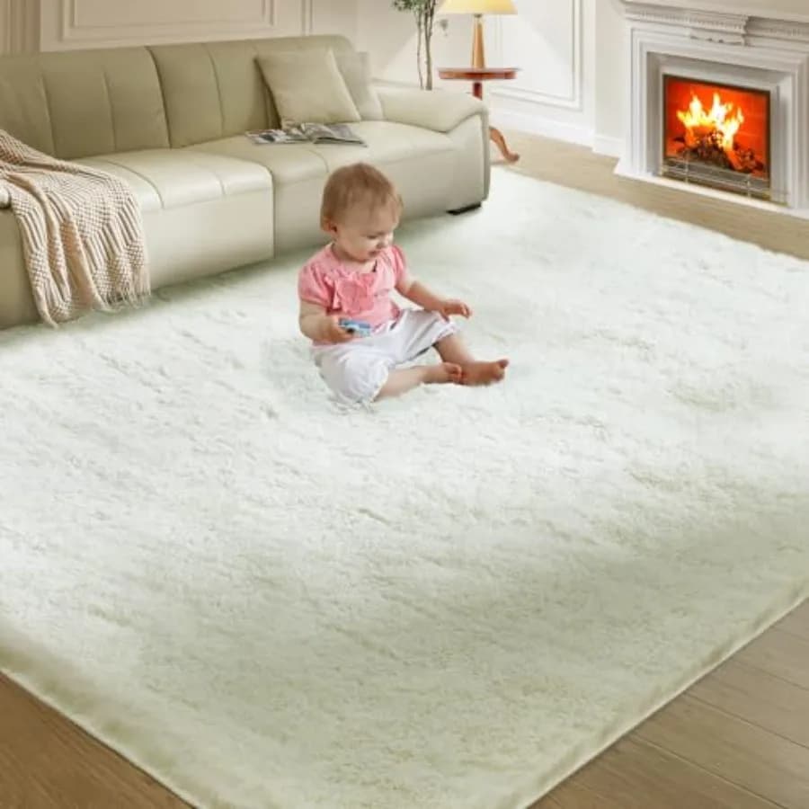 Tappeto Shaggy Ultra Morbido 8X10 per Soggiorno e Camera da Letto, Bianco Crema Moderno Antiscivolo Durevole per Ragazzi