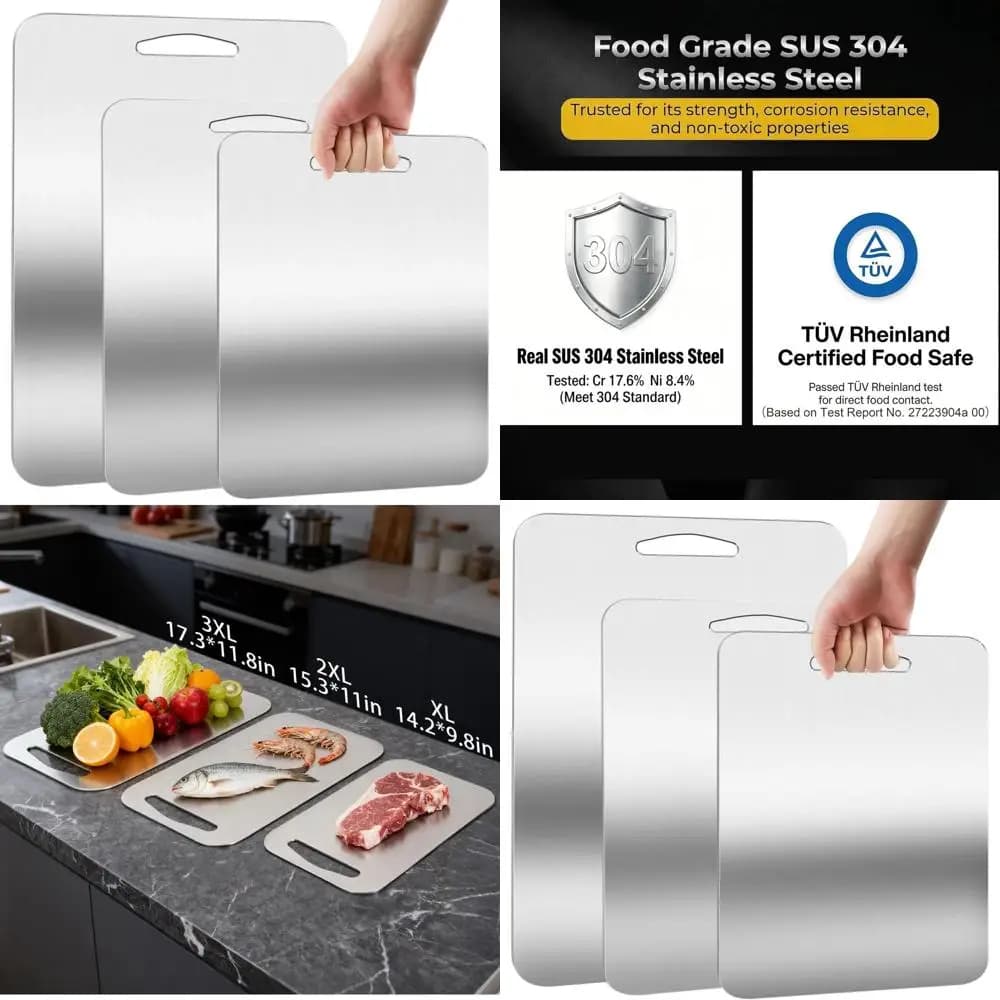 Set di Tre Taglieri in Acciaio Inox - XL, 2XL, 3XL - Anti-Macchia, Inodore, Lavabili in Lavastoviglie, Non Tossici