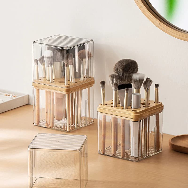 Scatola portaoggetti in plastica trasparente da tavolo in legno in stile giapponese, scatola portaoggetti per pennelli per trucco cosmetico, porta batuffoli di cotone