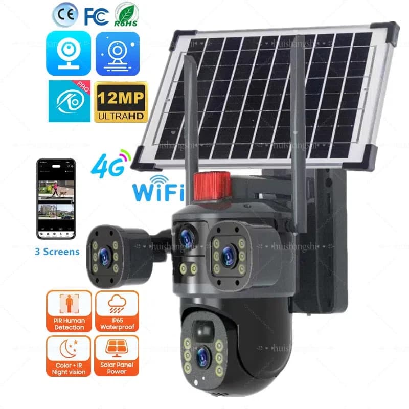 12MP 4Lens 3Screens 6K 4G Sim Card Solar Outdoor 360 PTZ IP CCTV Wireless WIFI Telecamere di sicurezza di rete di sorveglianza