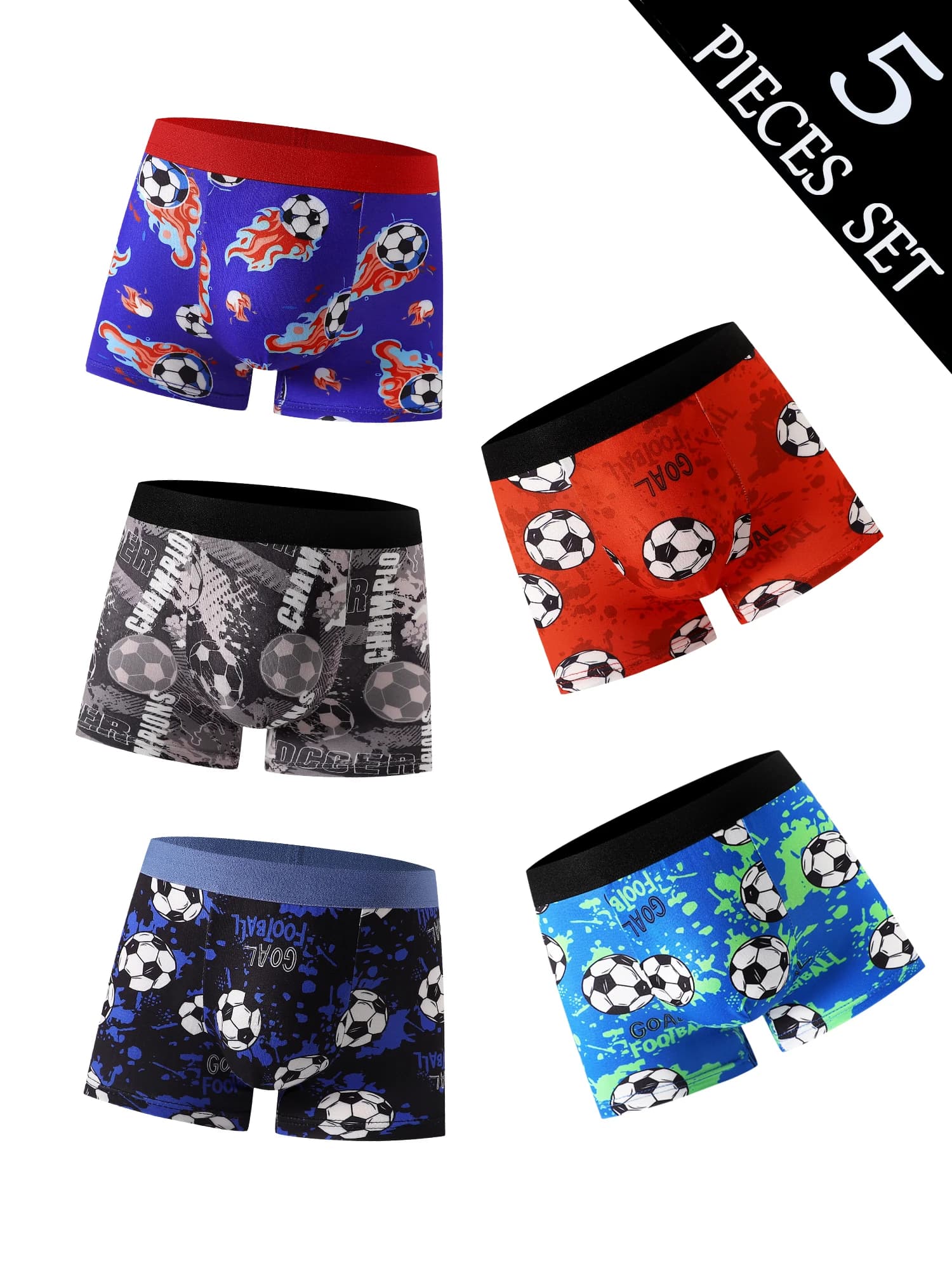Mixed set of 5 pieces of underwear by boy with print of football, soft and comfortable, suitable for students of elementary schools, casual clothing for home and sports, for children from 4 to 8 years old