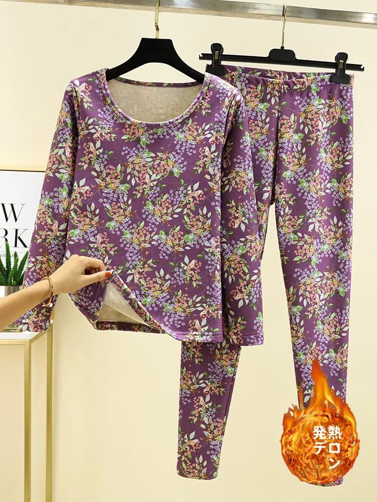 Set di Biancheria Intima Termica per Donna, Autunno-Inverno, in Pile Spesso, Collo Semi-Alto, Stampa Floreale, Pigiama da Notte