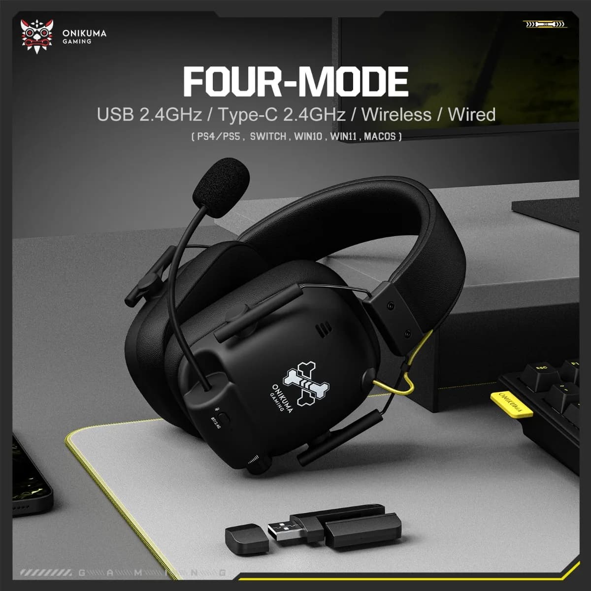 Cuffie da Gaming Wireless per PS5, PS4, PC, USB 2.4GHz e Type-C, 60+ Ore di Autonomia e Audio Surround 7.1 con Microfono con Cancellazione del Rumore
