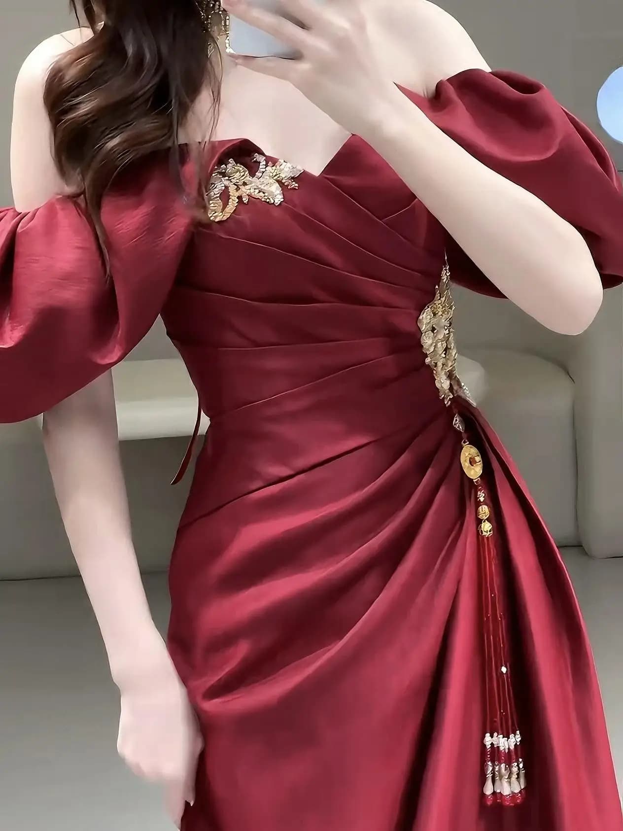 Nuovo Abito da Sera Cinese Monospalla per Matrimonio, Cena di Fidanzamento, Cerimonia, Gonna Elegante di Lusso per Donna