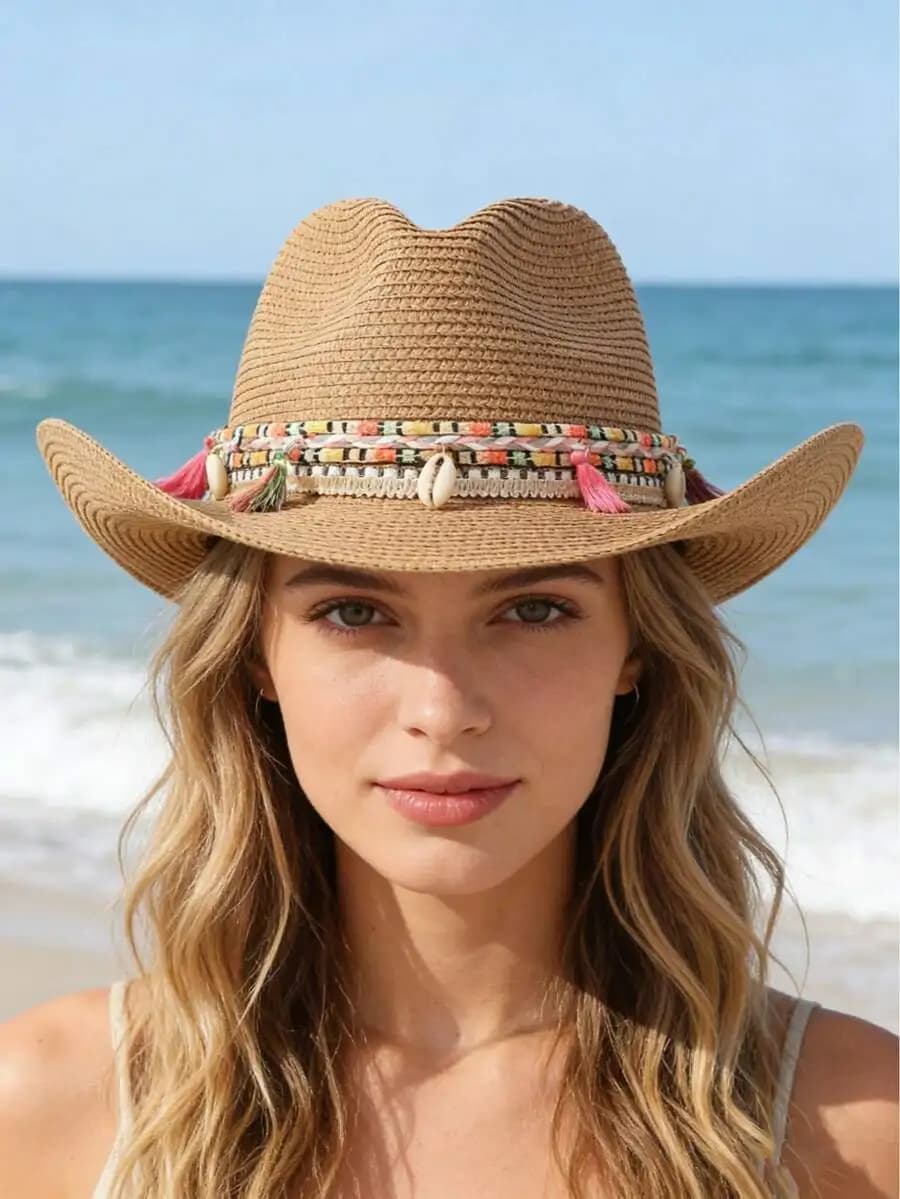 Cappello di paglia a tesa larga unisex, stile cowboy western, protezione UV, pieghevole, estivo, da spiaggia