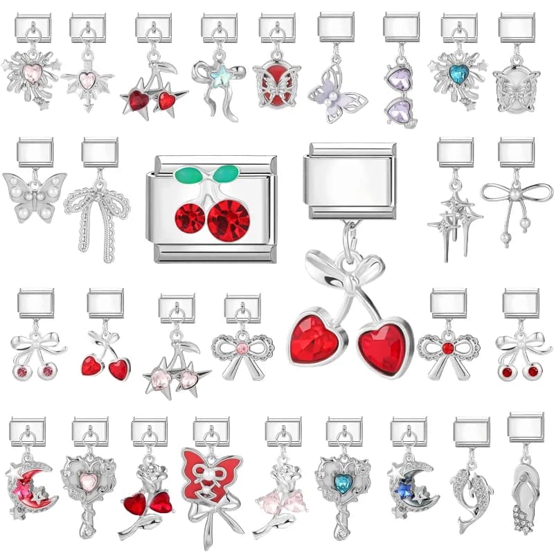 Shiny Colorful Zircon Pendant Series Red Cherry Bow Italian Charm Link Fit 9mm Stainless Steel Bracelet Women Jewelry DIY Making