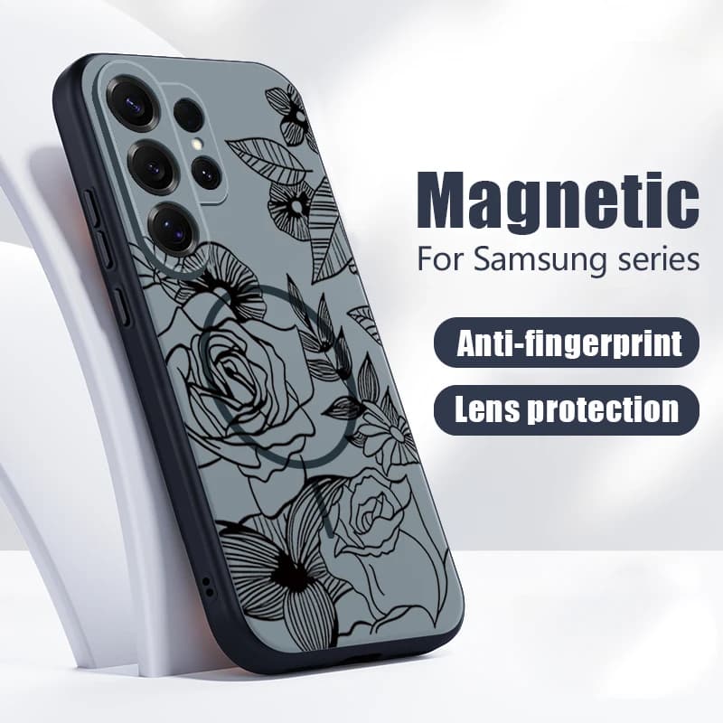 Cover Magnetica con Foglie e Fiori a Rosa per Samsung Galaxy S26 Ultra S25 Edge S24 Plus S23 FE S22 A54 A55 A56 5G Compatibile con Magsafe
