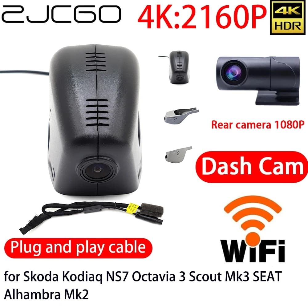ZJCGO DVR Camera for Car 4K with Wifi, Double Front Camera and Rear, 24h Monitor for Skoda Kodiaq NS7 Octavia 3 Scout Mk3 SEAT Alhambra Mk2