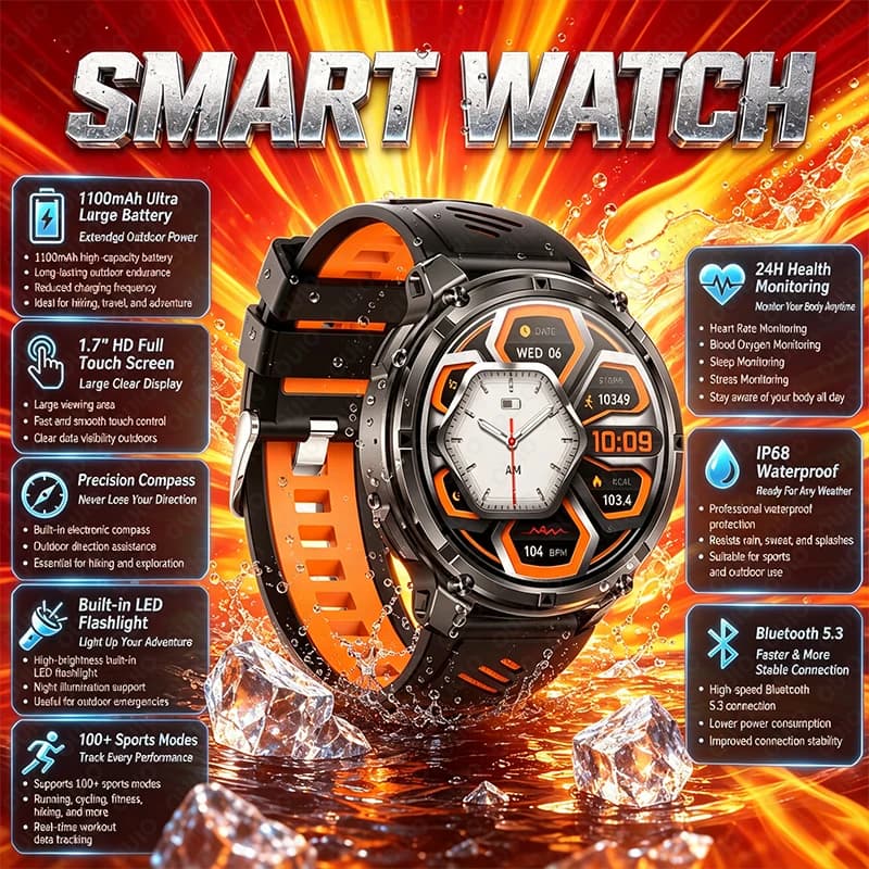 2026 Smart Watch Health Monitoring Multiple Sports Compass Modes Outdoor Flashlight 1100mAh Battery Bluetooth Call Sports Watch