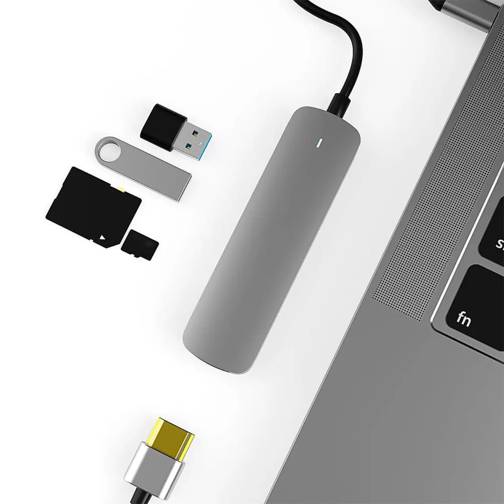 Hub USB 5-in-1 in Lega di Alluminio con Supporto per Uscita Video 4K per Laptop, Telefono, Tablet e Disco Rigido Portatile