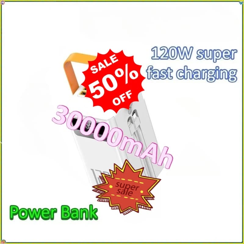 Power Bank di emergenza esterno per centrale elettrica a ricarica rapida da 120 W con doppi cavi staccabili per telefono da campeggio 30000 mAh