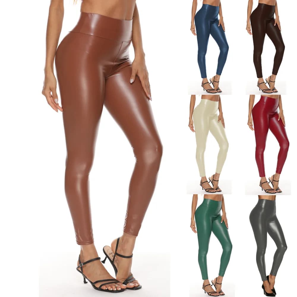 Leggings in Pelle a Vita Alta per Donna, Multicolore, Elasticizzati in Quattro Direzioni, Modellanti e Snellenti