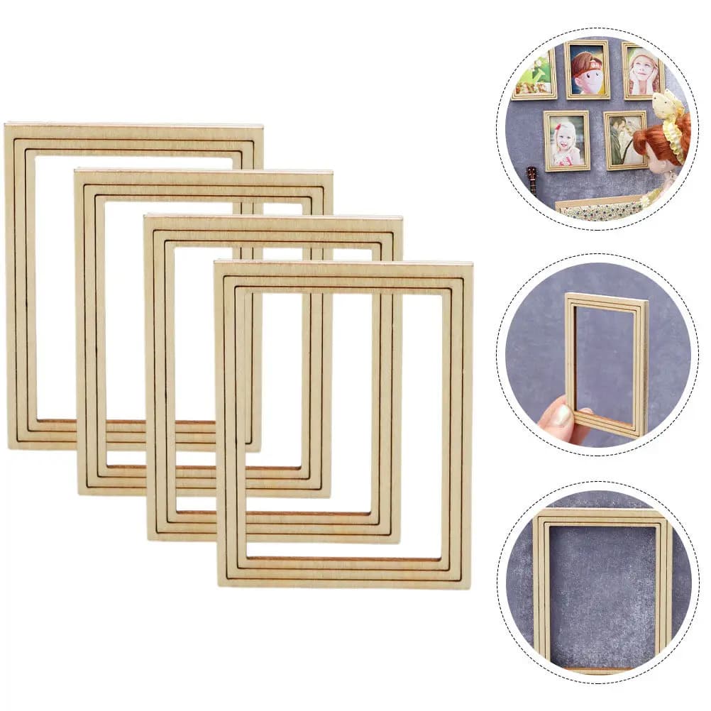 4Pcs Mini House Photo Frame Unfinished Wooden Small Picture Frames Miniature Decoration Craft Supplies Mini House Layout Props