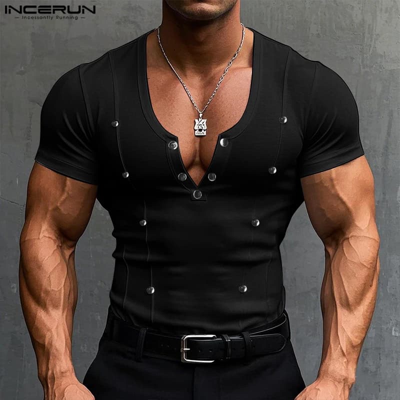 Men Casual T Shirt Solid Color V Neck Short Sleeve Button Skinny Male Tee Tops Streetwear Summer 2025 Fashion Camisetas INCERUN