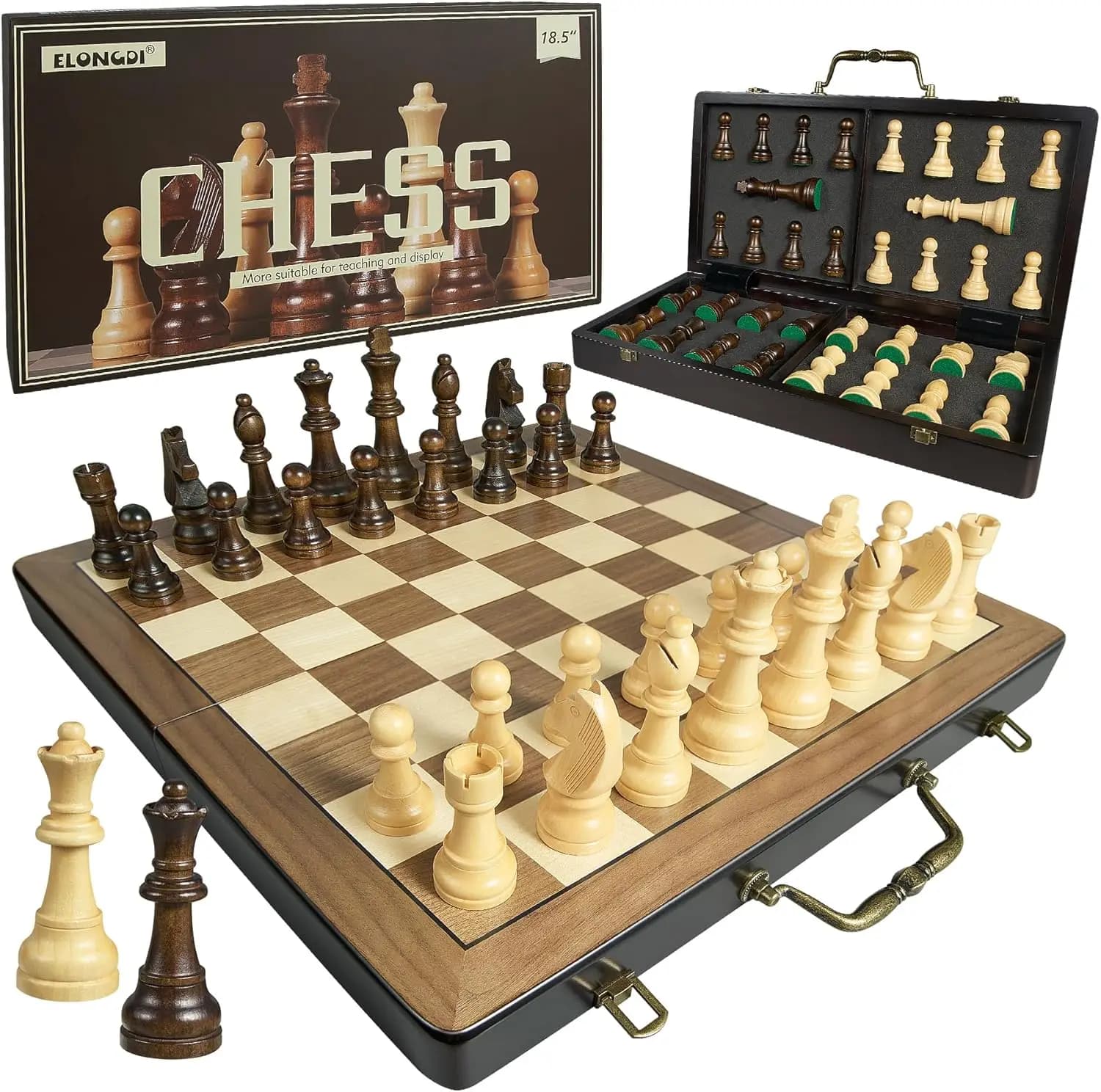 Set di Scacchi in Legno da 18,5 Pollici con Maniglia, Gioco da Tavolo Pieghevole per Adulti e Bambini, Pezzi Pesanti con Contenitore