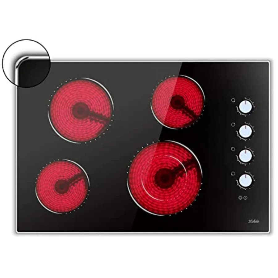Piano cottura elettrico da cucina in vetro temperato e telaio in metallo nero, 30 pollici, 4 fuochi con bruciatore a doppio anello, potenza 6700W, manopola di regolazione.