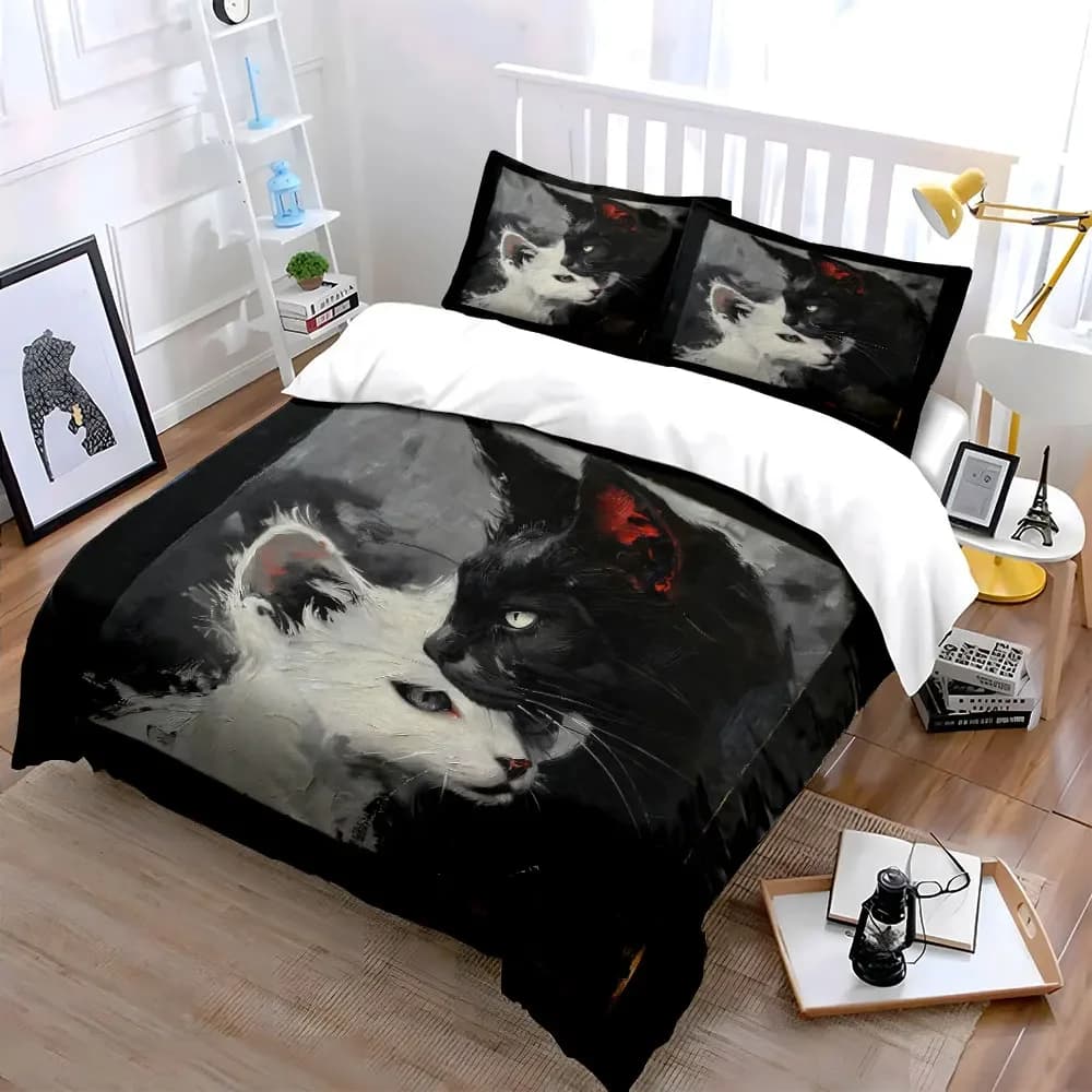 "Abstract white and black Cat Art Set" Soft Comfortable Duvet Cover Bedding Set Included 1*Duvet Cover & 2*Pillowcases, gift
