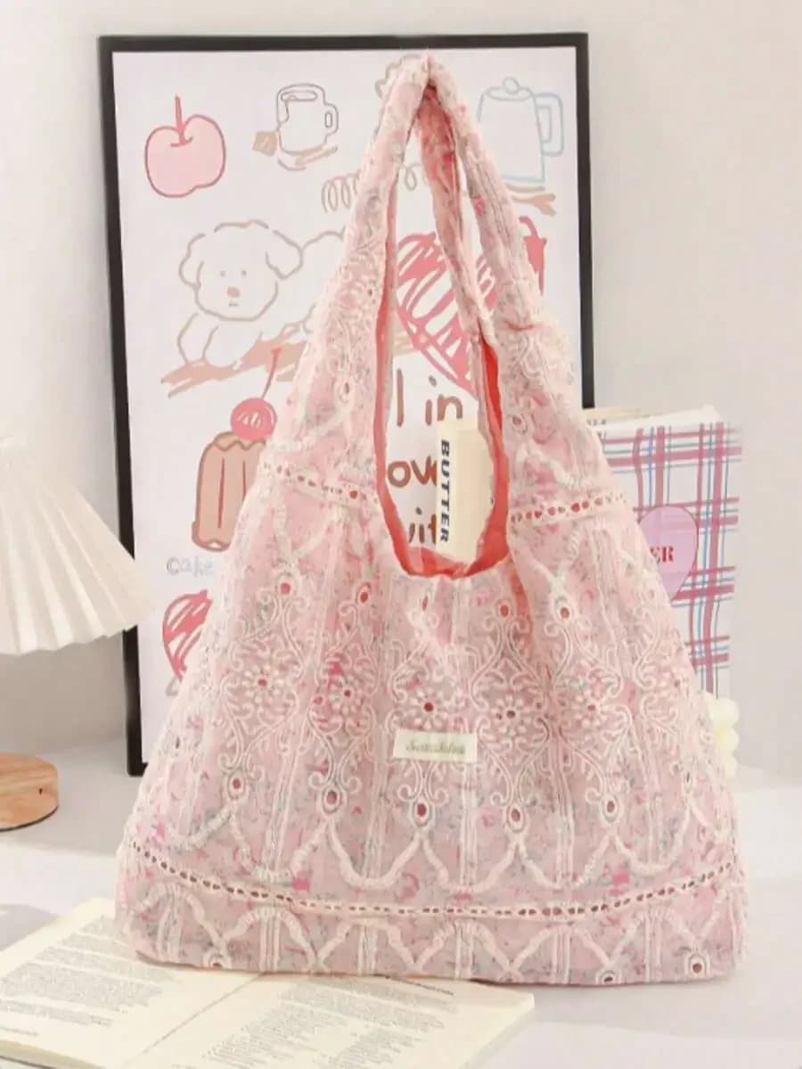 Pink Lace Floral Casual Tote Bag Large Capacity Shoulder Handbag For Women