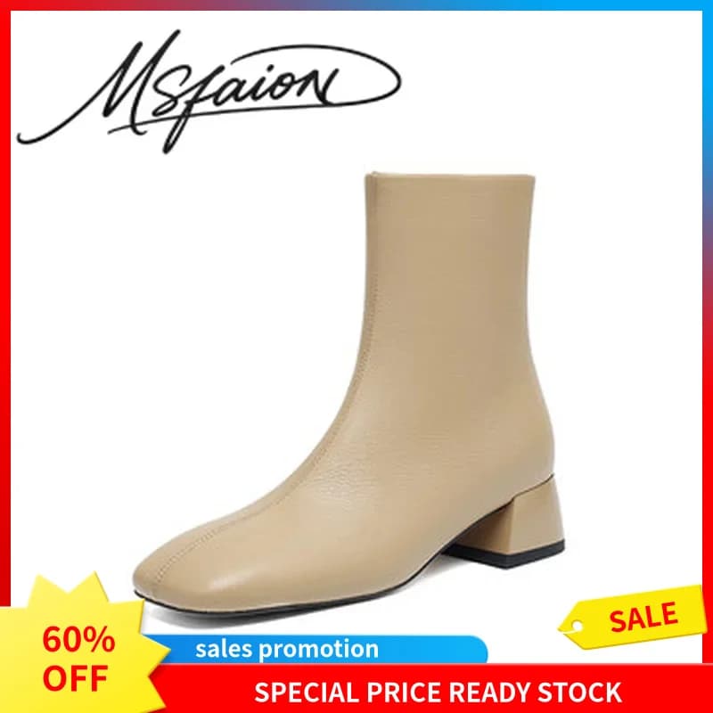 Lagre Size31-48Elegant Square Toe Ankle Boots Women 4cm Block Heel Side Zipper Coated Split Cow Leather Anti-slip TPR Outsole