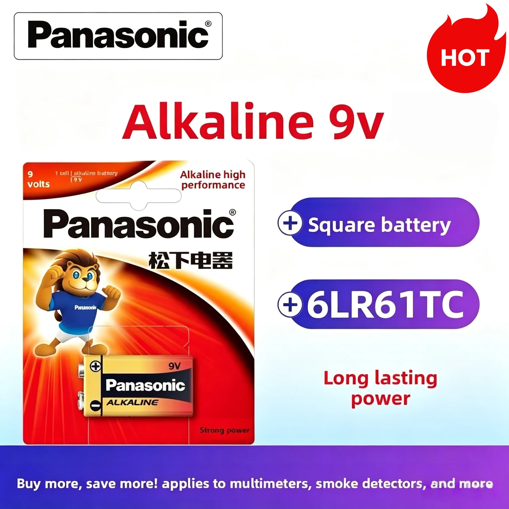 Original Panasonic 9V Alkaline Dry Battery Non Rechargeable 9V Block Battery For Multimeter Smoke Detector Microphone Alarm Toy