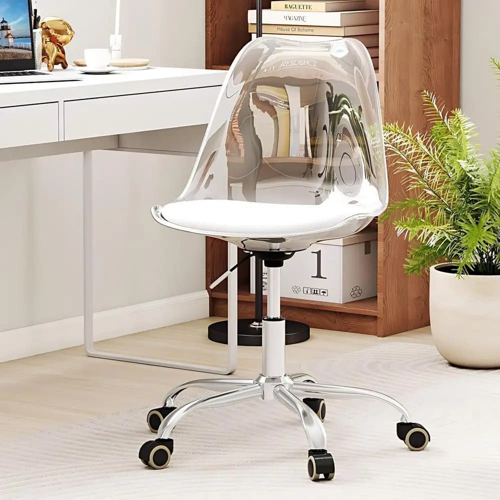 Sedia da Scrivania in Acrilico Trasparente con Cuscino in Pelle PU, Sedia Girevole con Rotelle per Casa, Ufficio, Toeletta, Trucco e Piccoli Spazi