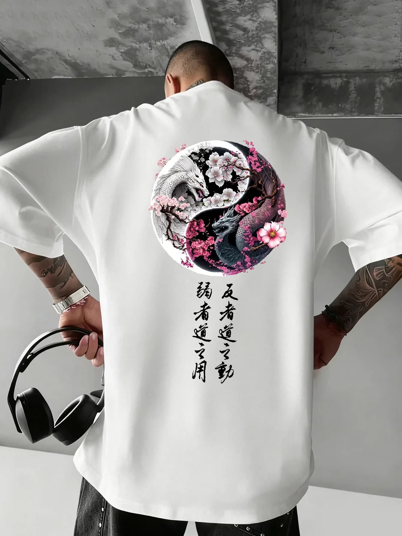 Men Yin Yang Dragon T Shirt Chinese Style Cherry Blossom Oriental Graphic Print Streetwear Casual Short Sleeve Tee Summer Top