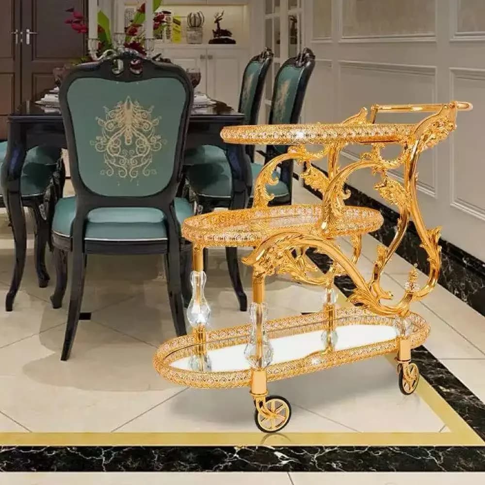 Carrello portabottiglie da matrimonio europeo in metallo con colonne di cristallo, a due o tre strati, con finiture in vetro dorato.