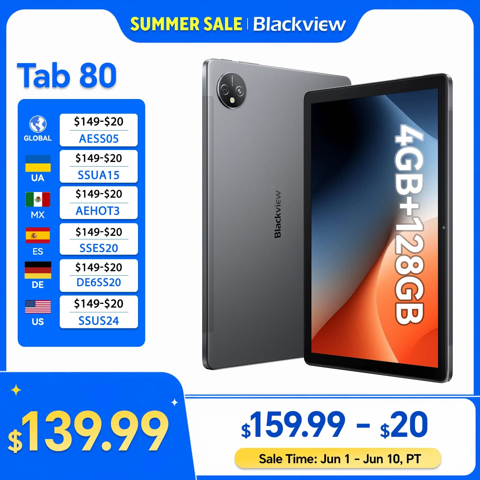 Blackview Tab 80 Tablet Android 13 8GB 128GB Display HD da 10.1 pollici T606 Octa Core 7680mAh 2.4G/5G WiFi 13MP fotocamera posteriore tablet 4G
