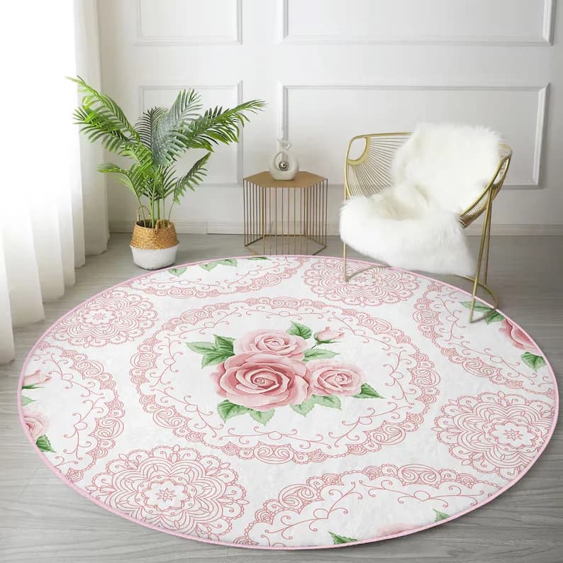Tappeto Rotondo con Rose, Antiscivolo, Fiori Rosa, Tappeto Decorativo per Cucina e Soggiorno, Bestseller, Arredamento Moderno per la Casa